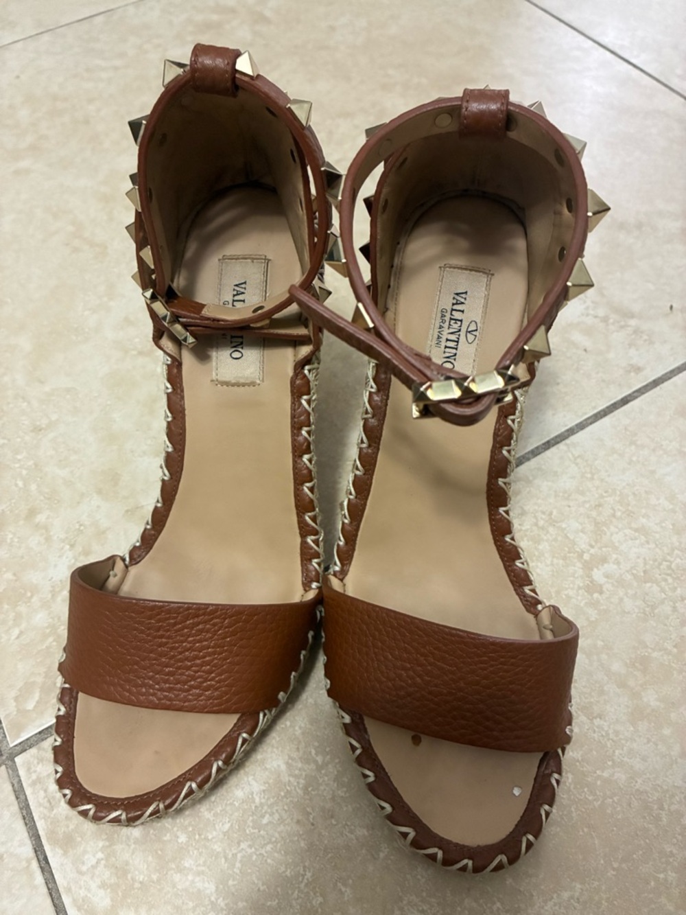 Valentino Double Rockstud Grainy Calfskin Wedge Sandals